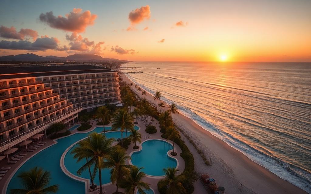 Oceanfront resort hotel with pools at sunset